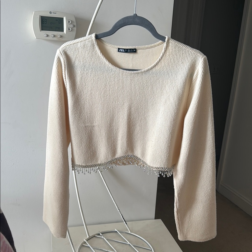 Zara Cream Crop Top with Beaded Detail